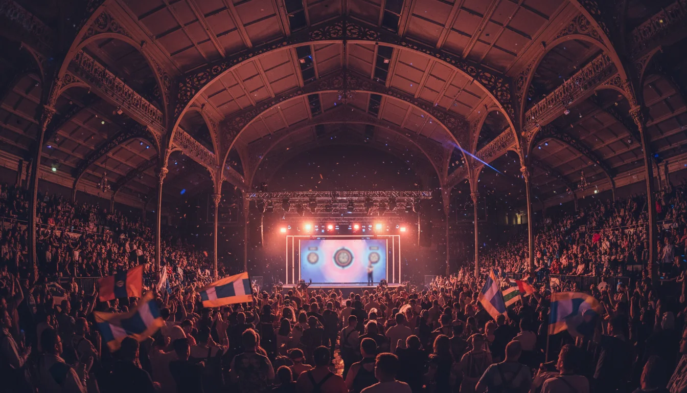 Het podium van Alexandra Palace tijdens het WK Darts met verkleed publiek en sfeerverlichting
