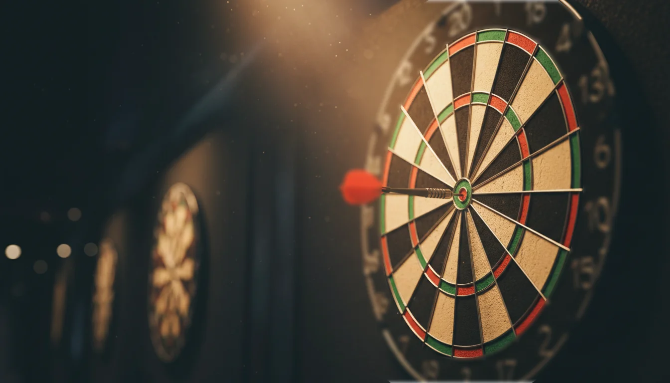 Dartspijl in het midden van een dartbord onder spotlicht in een professionele wedstrijdsetting