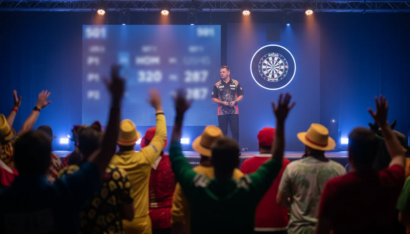 Dartspeler op het podium van een groot toernooi met live scorebord en juichend publiek