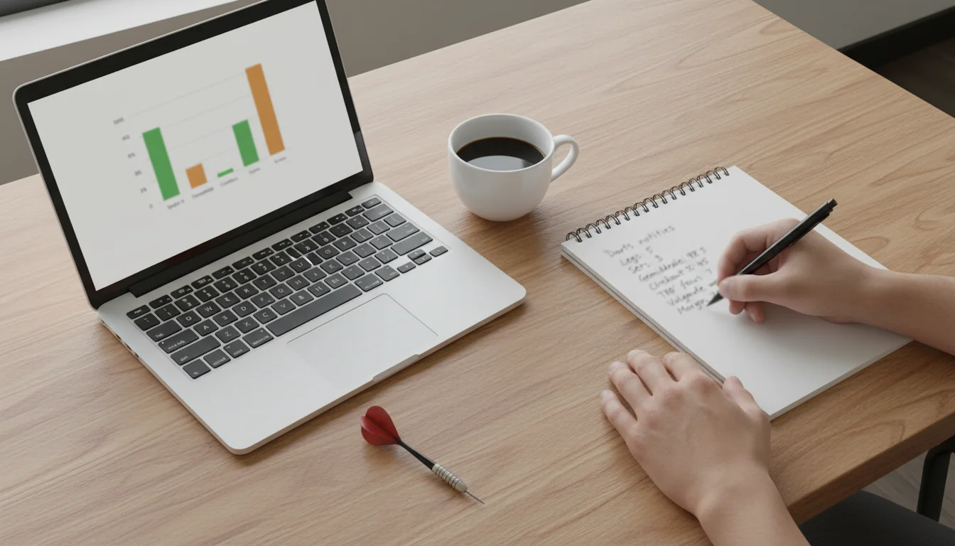 Persoon bestudeert dartsstatistieken in een notitieboek naast een laptop met wedstrijdgegevens